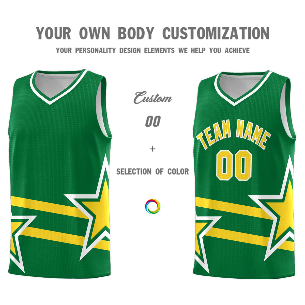 Custom Kelly Green Basketball Kits With Gold Star Pattern And Double Lines