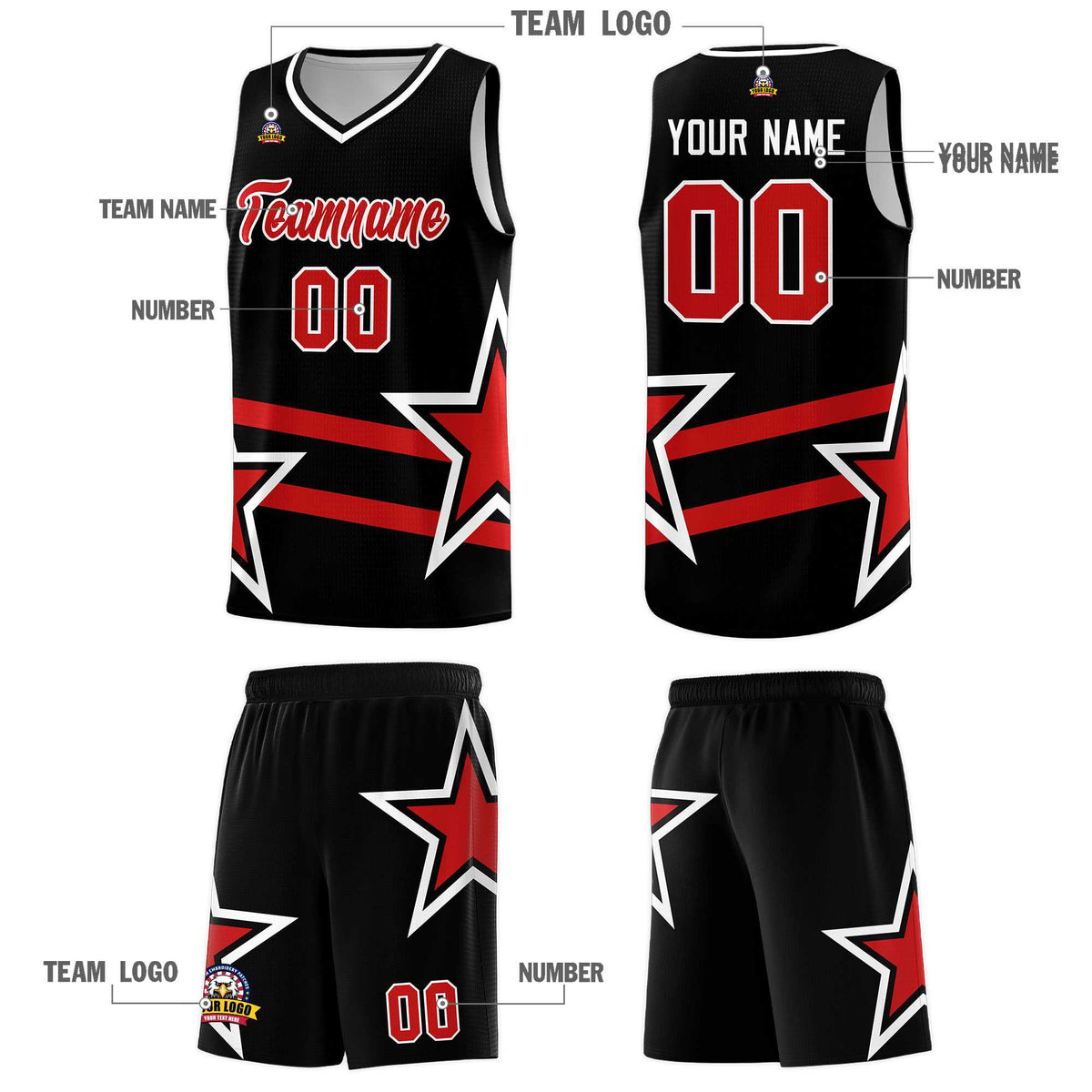 Custom Black Basketball Kits With Red Star Pattern And Double Lines