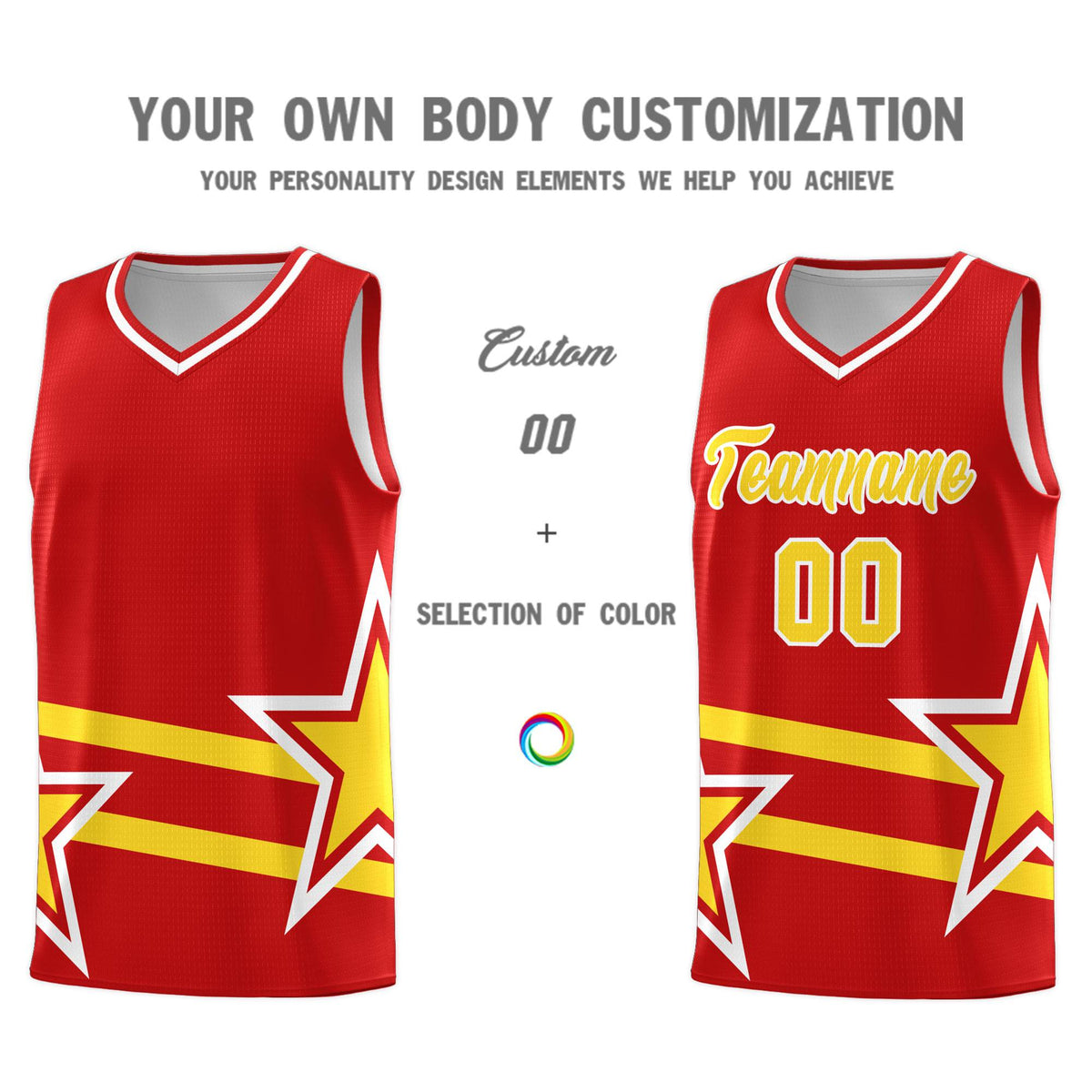 Custom Red Basketball Kits With Gold Star Pattern And Double Lines