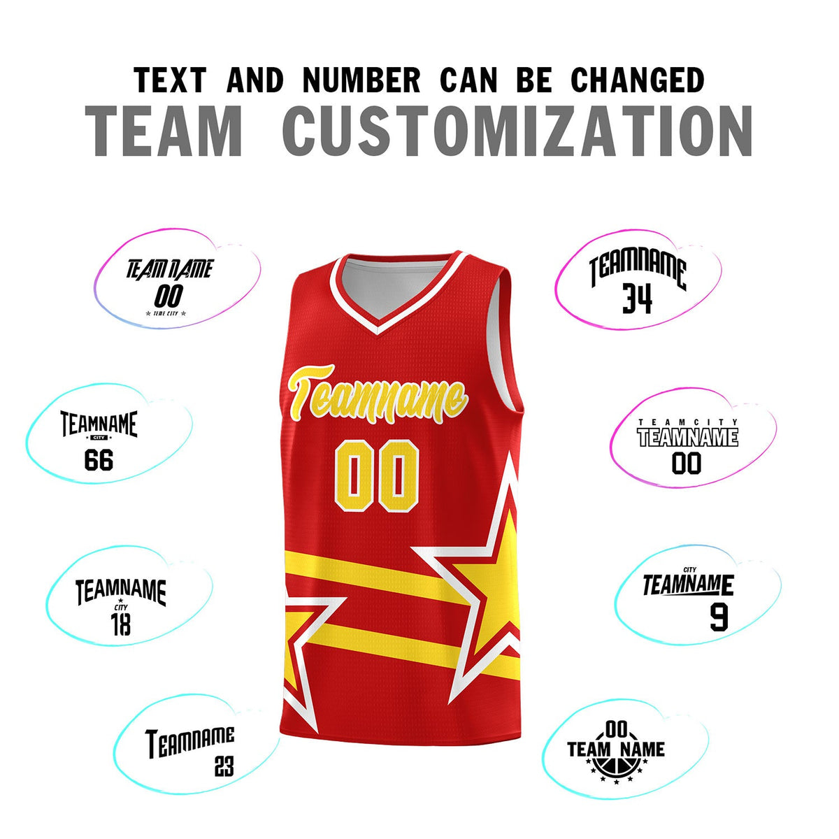 Custom Red Basketball Kits With Gold Star Pattern And Double Lines