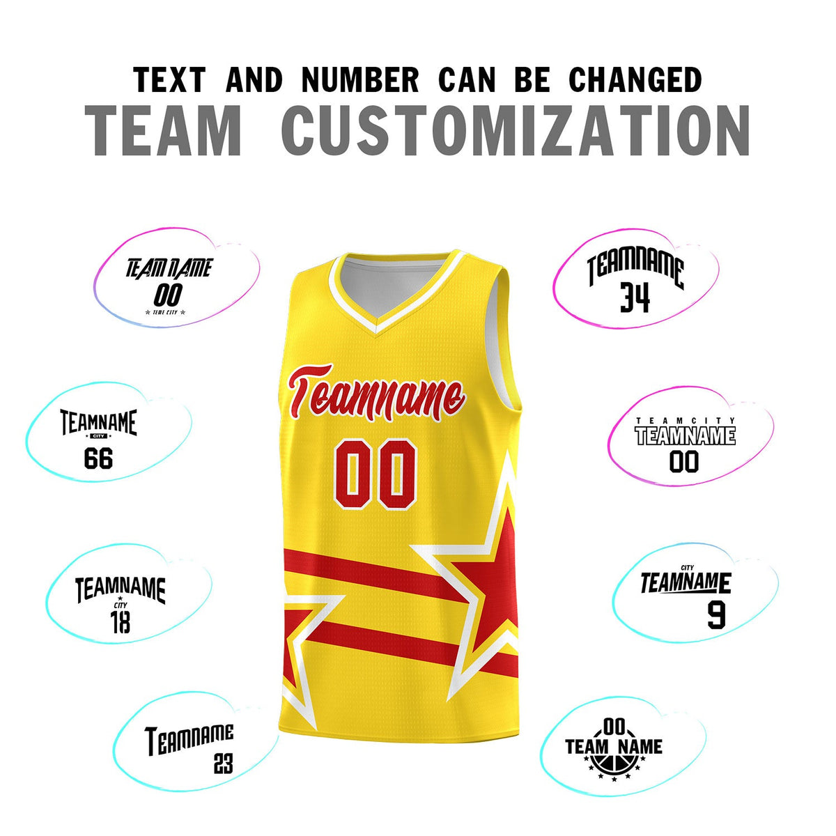 Custom Gold Basketball Kits With Red Star Pattern And Double Lines