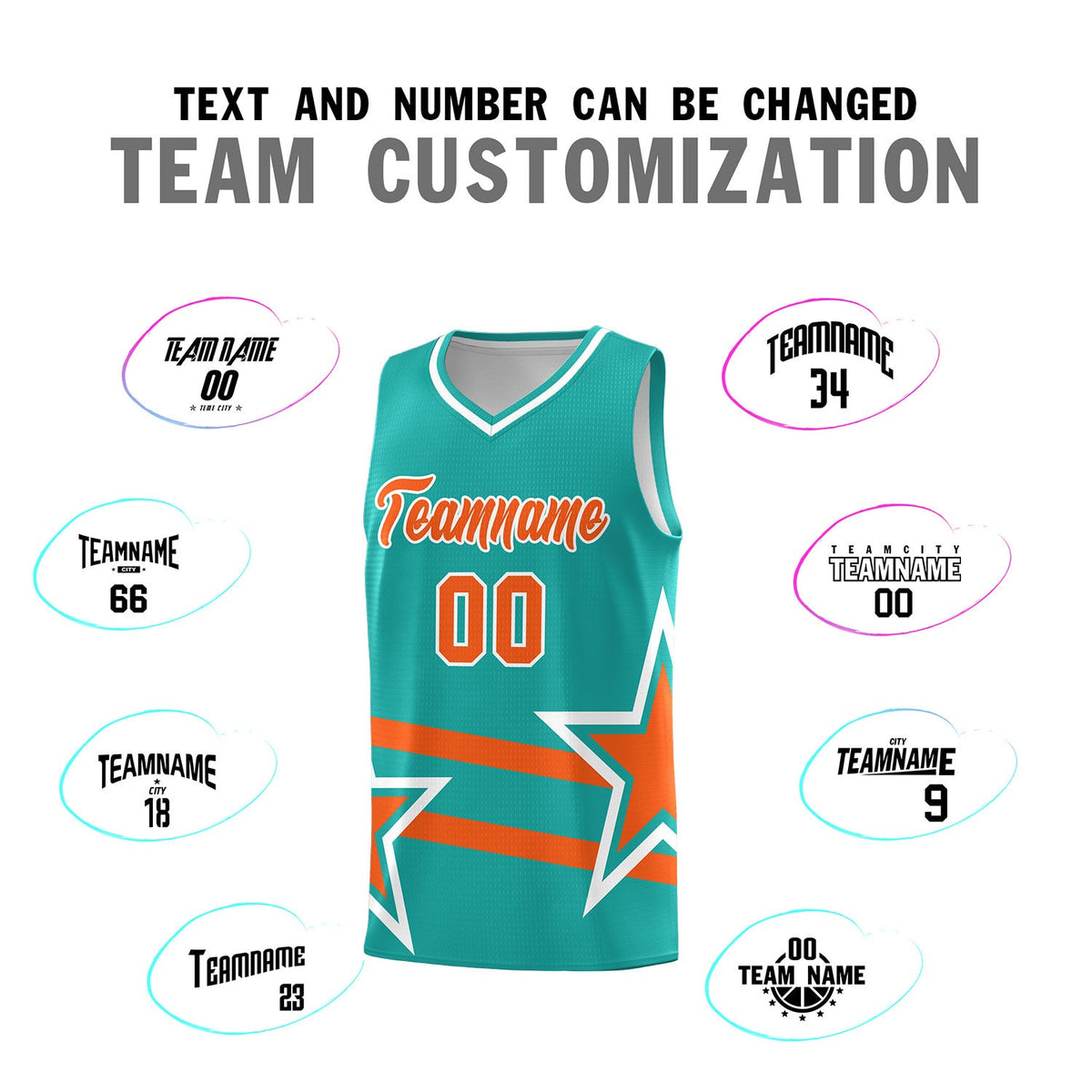 Custom Aqua Basketball Kits With Orange Star Pattern And Double Lines