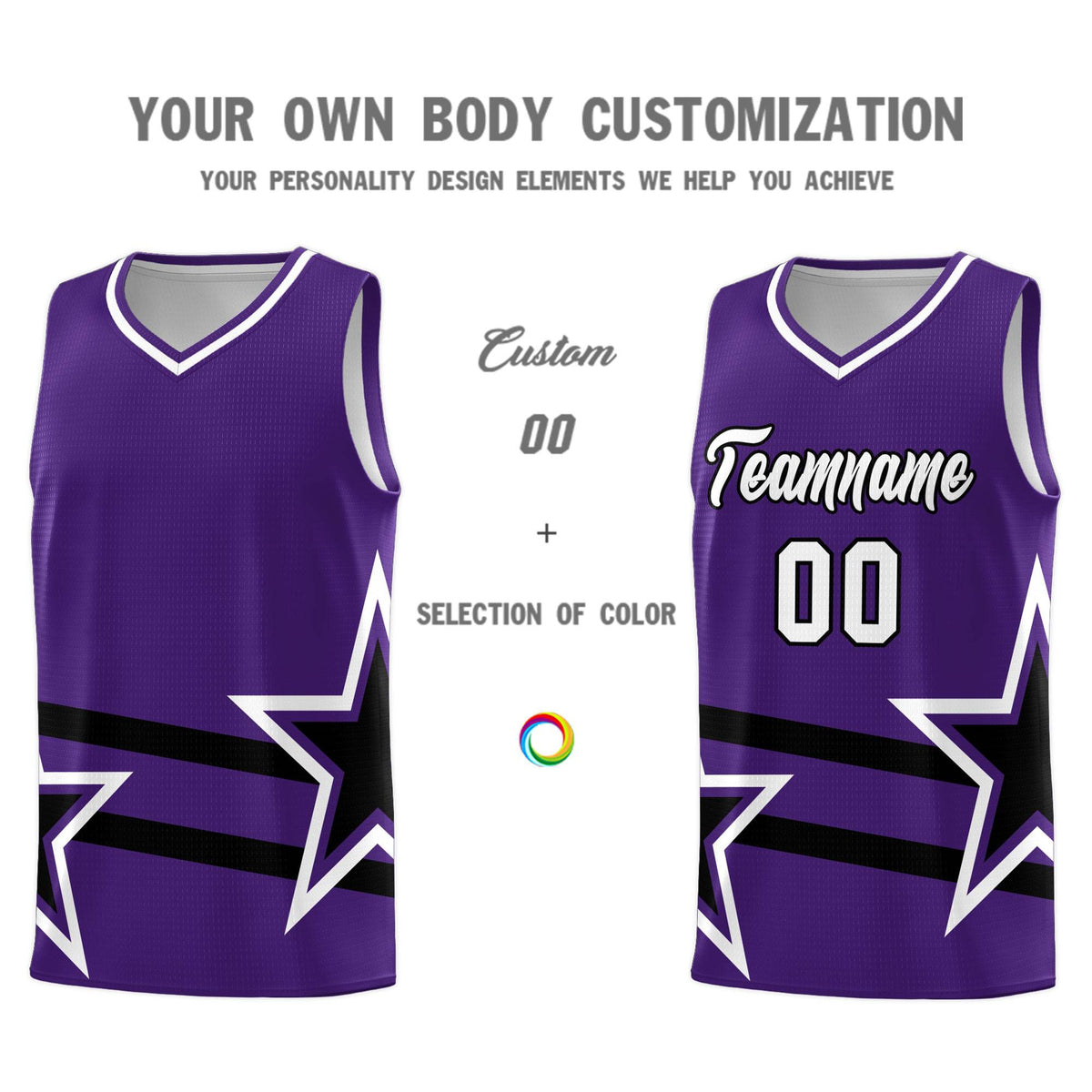 Custom Purple Basketball Kits With Black Star Pattern And Double Lines