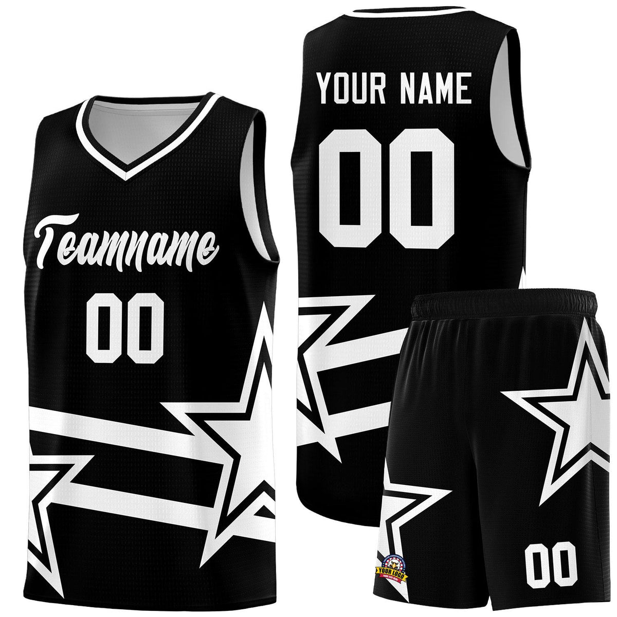 Custom Black Basketball Kits With White Star Pattern And Double Lines