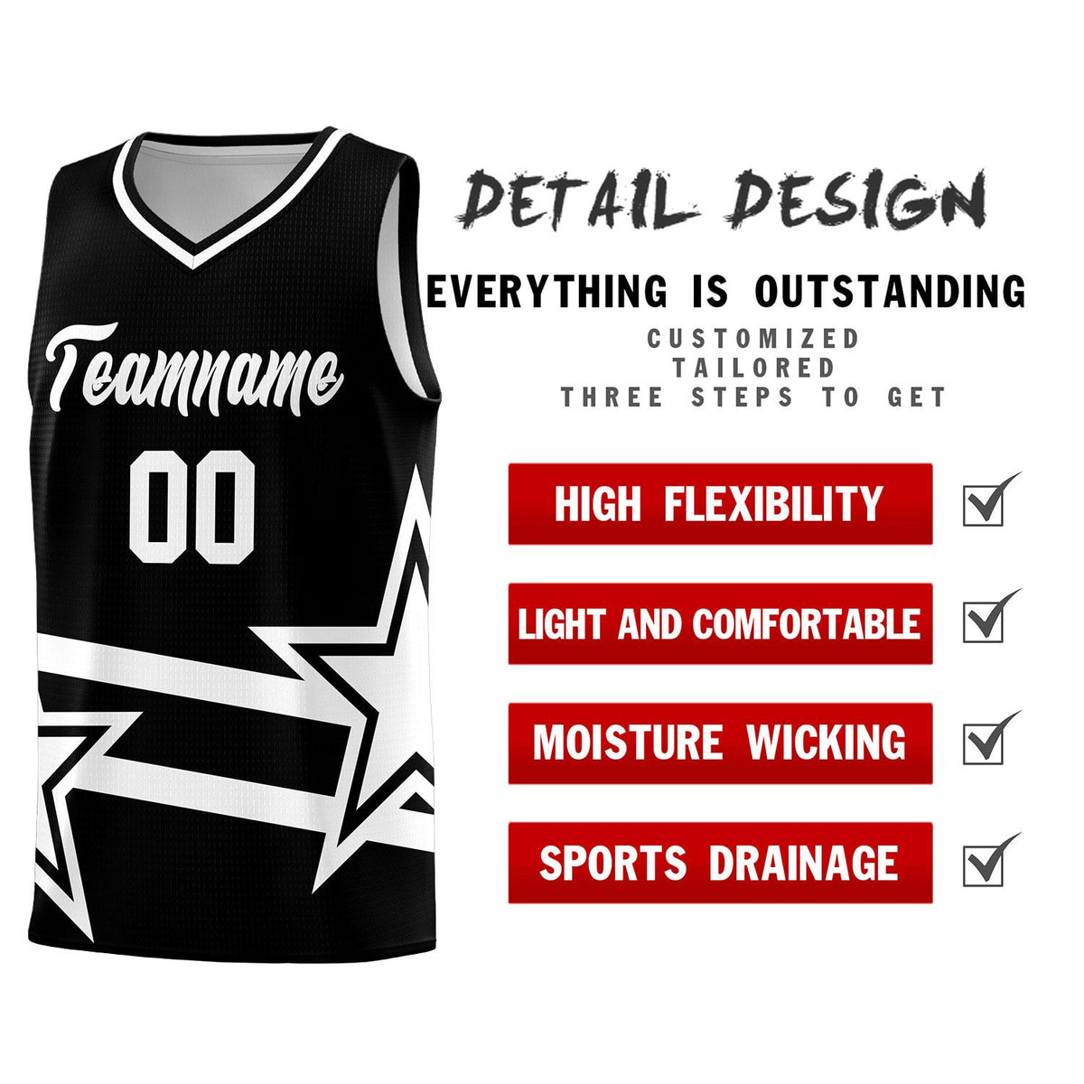 Custom Black Basketball Kits With White Star Pattern And Double Lines