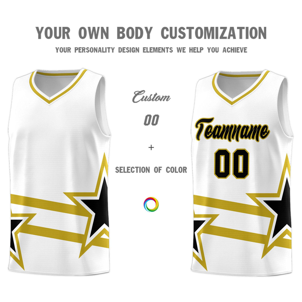 Custom White Basketball Kits With Old Gold Star Pattern And Double Lines