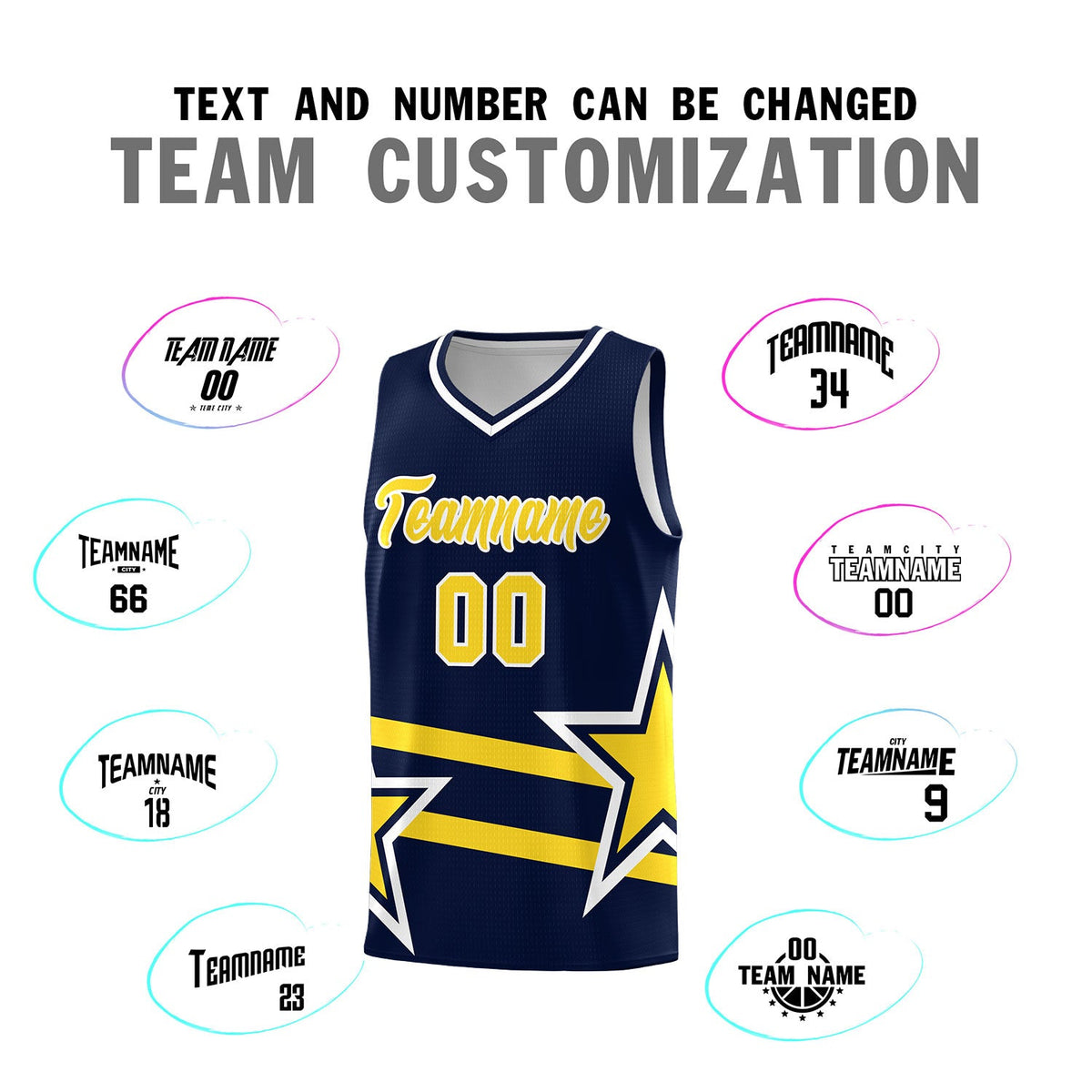 Custom Navy Basketball Kits With Gold Star Pattern And Double Lines