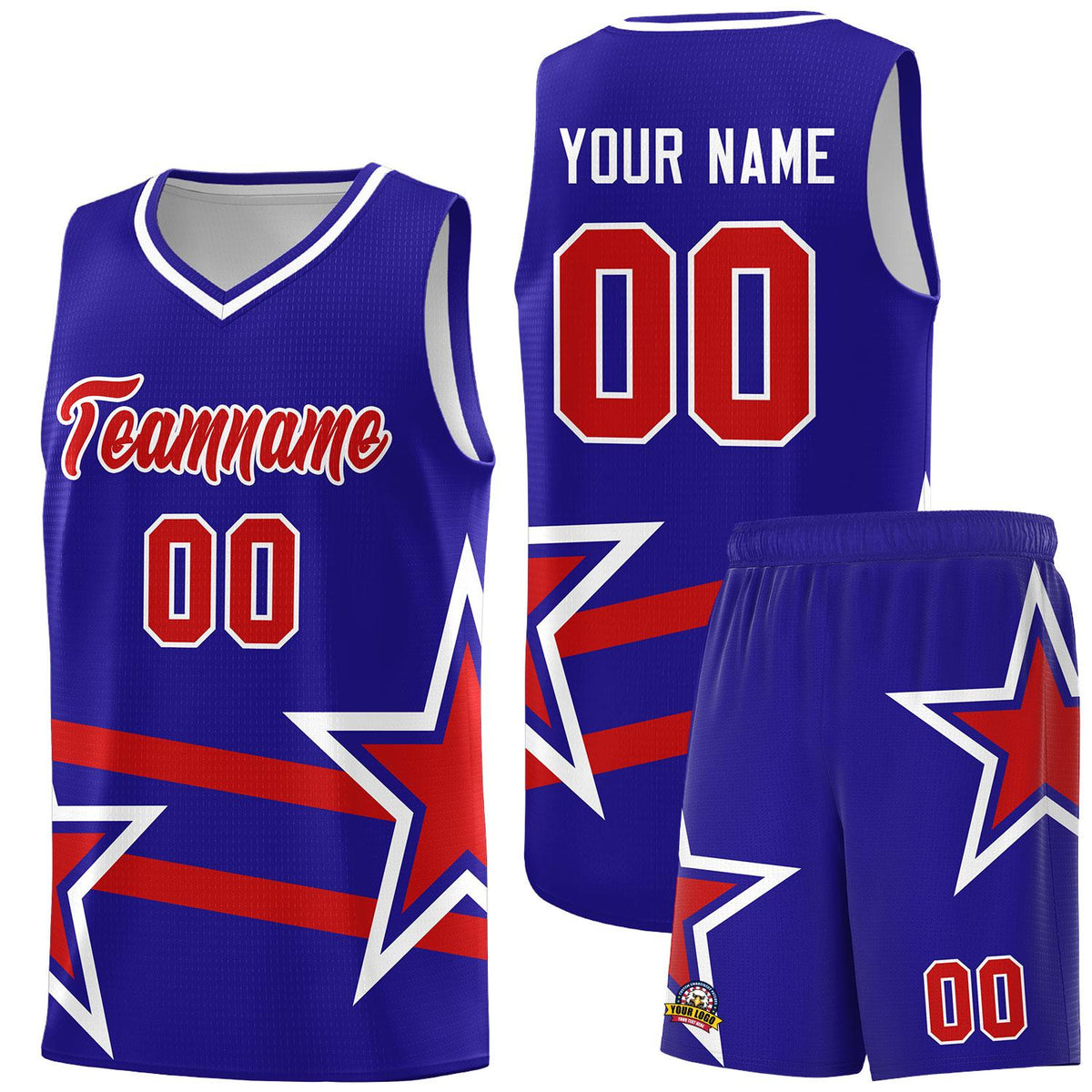 Custom Royal Basketball Kits With Red Star Pattern And Double Lines