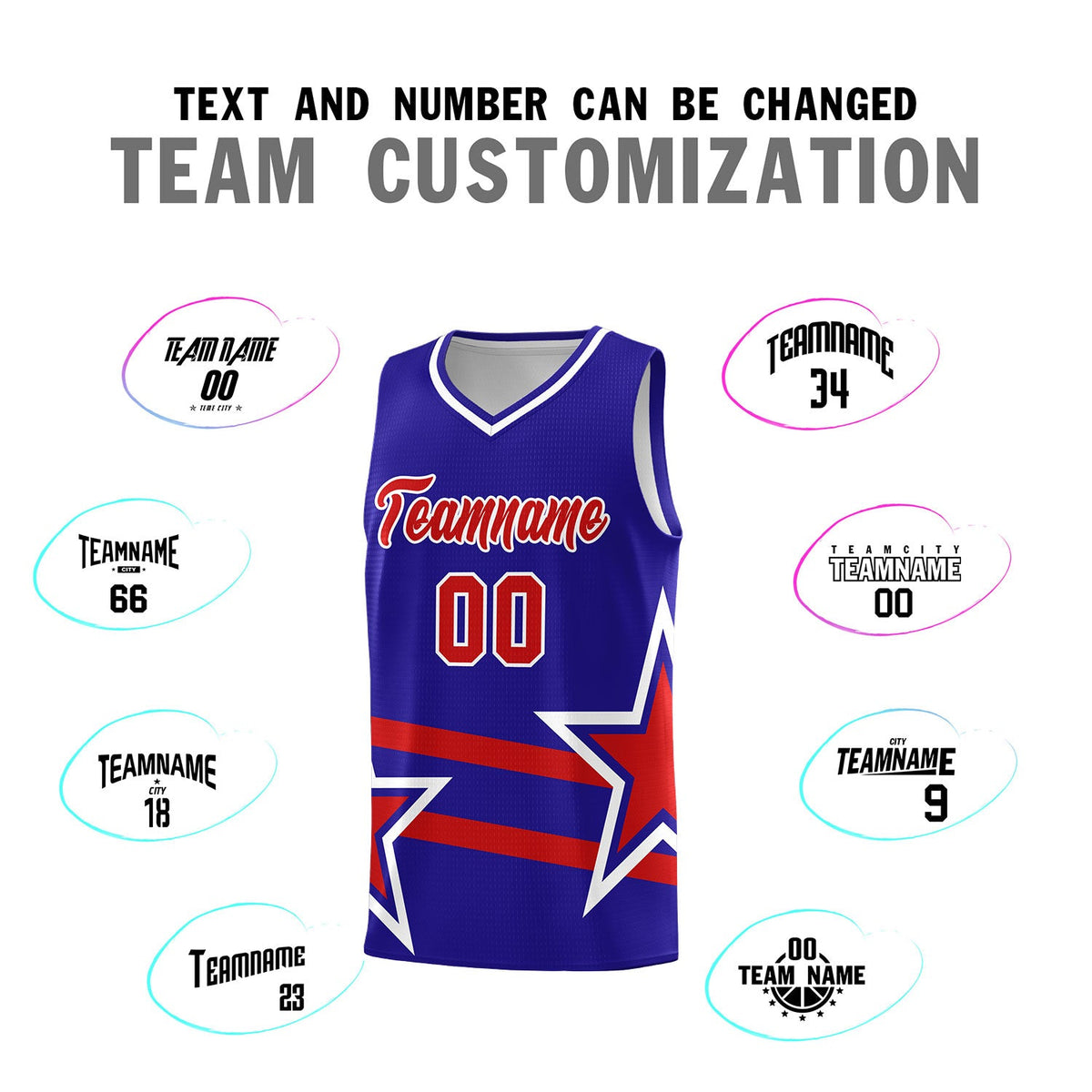 Custom Royal Basketball Kits With Red Star Pattern And Double Lines