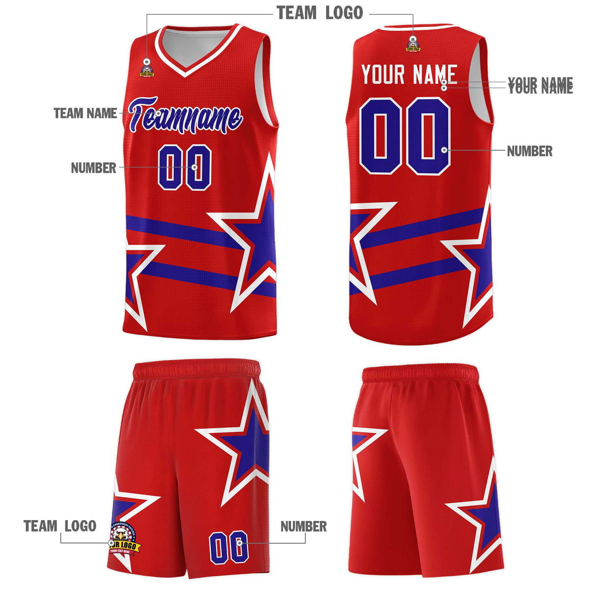 Custom Red Basketball Kits With Royal Star Pattern And Double Lines