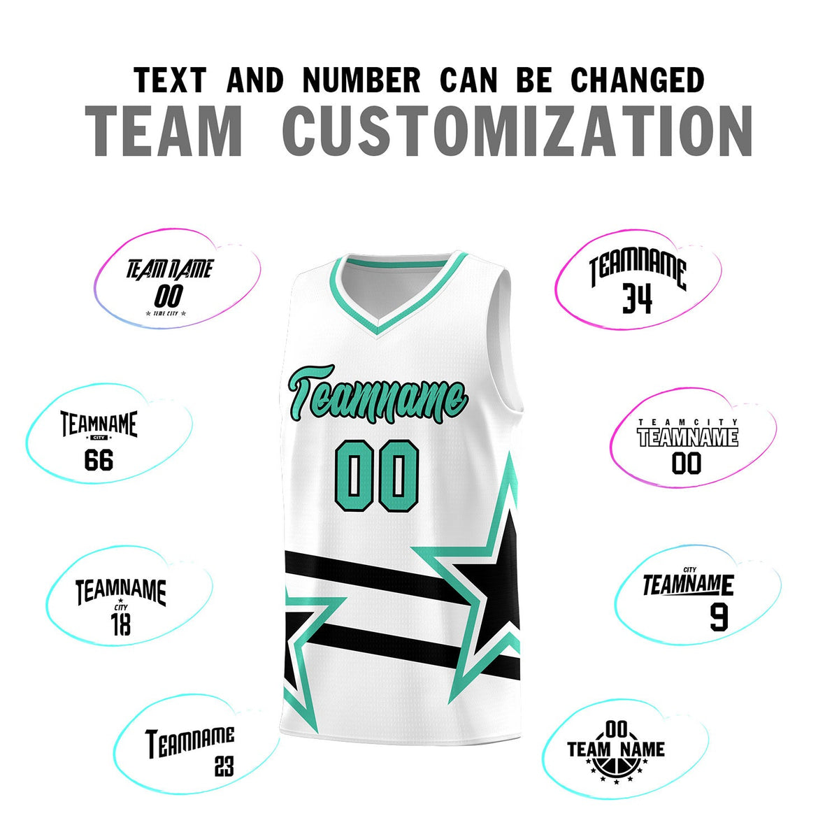 Custom White Basketball Kits With Bright Green Star Pattern And Double Lines