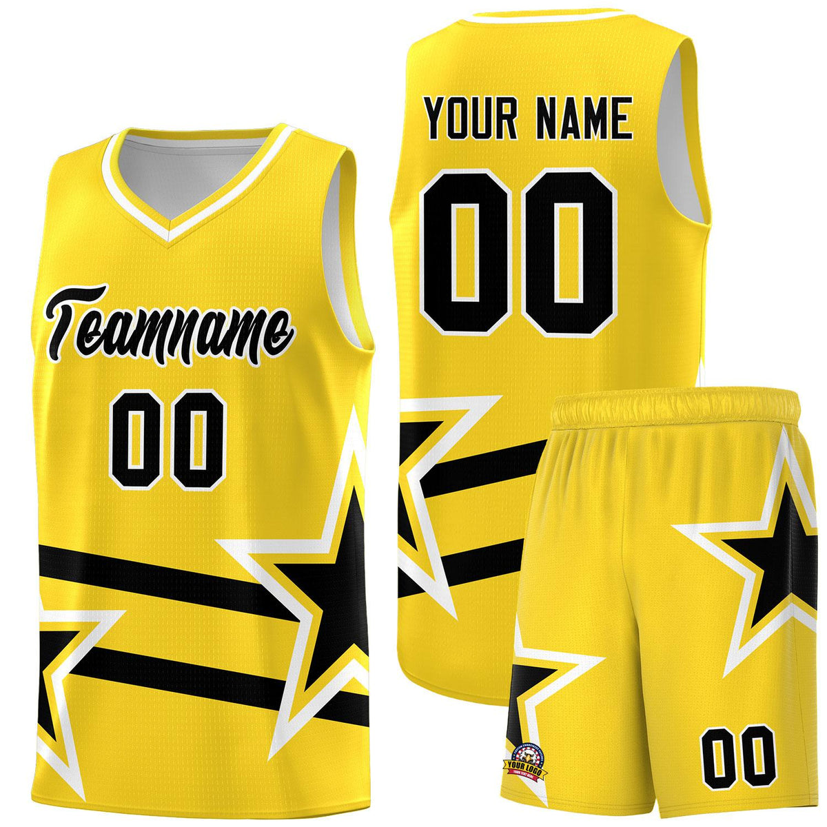 Custom Gold Basketball Kits With Black Star Pattern And Double Lines