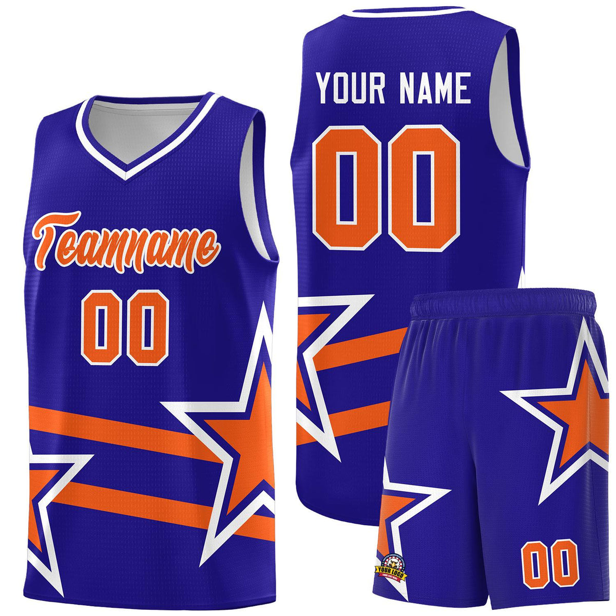 Custom Royal Basketball Kits With Orange Star Pattern And Double Lines