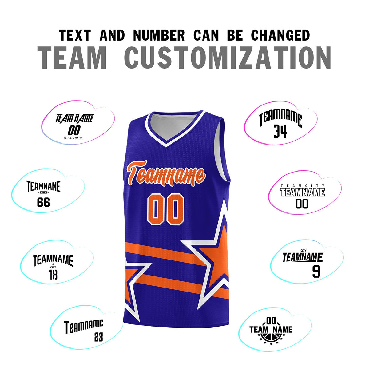 Custom Royal Basketball Kits With Orange Star Pattern And Double Lines