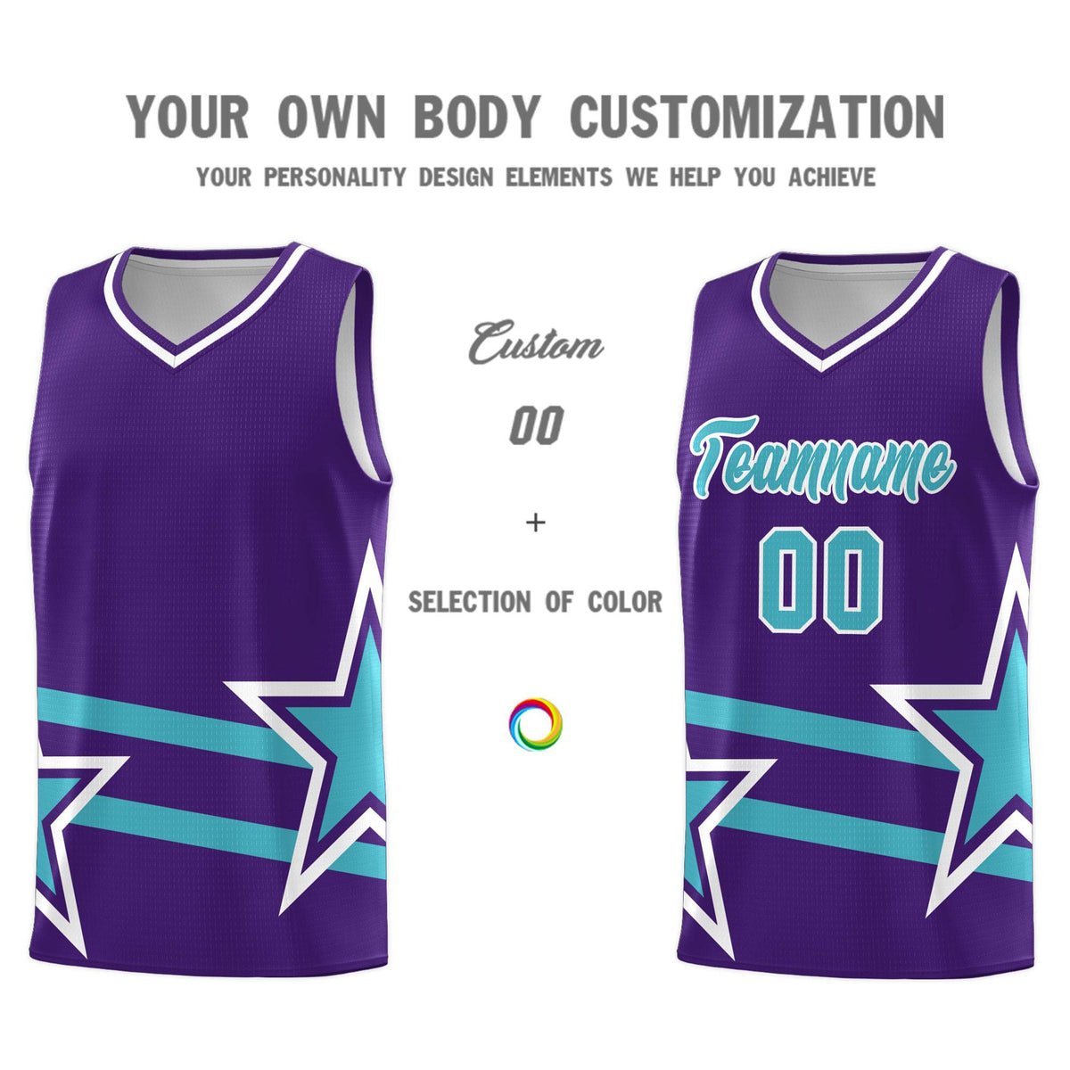 Custom Purple Basketball Kits With Sky Blue Star Pattern And Double Lines