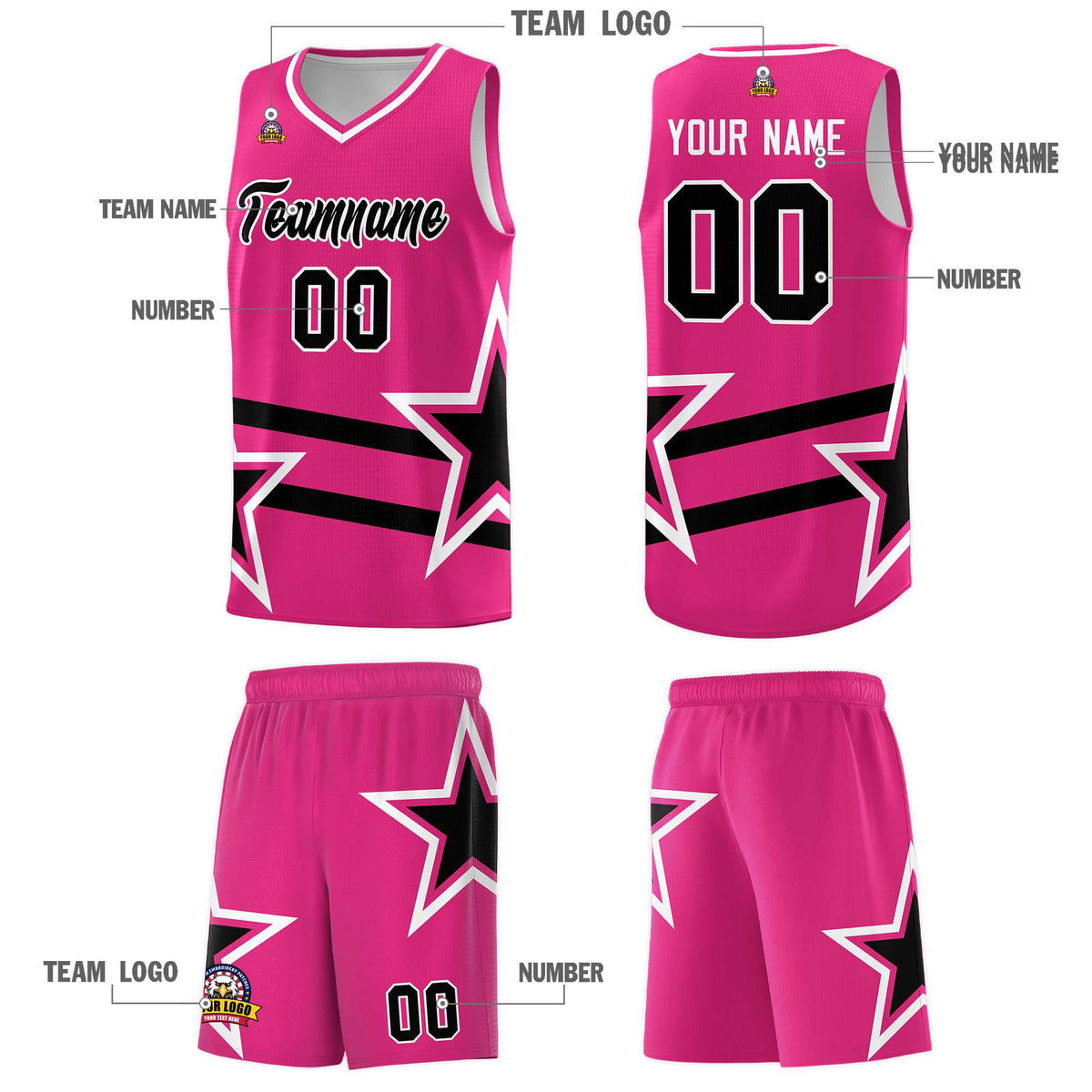 Custom Rose Red Basketball Kits With Black Star Pattern And Double Lines