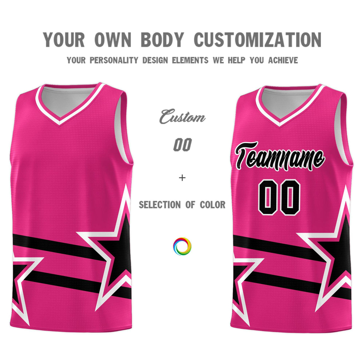 Custom Rose Red Basketball Kits With Black Star Pattern And Double Lines