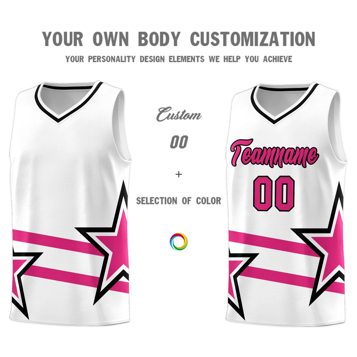 Custom White Basketball Kits With Rose Red Star Pattern And Double Lines