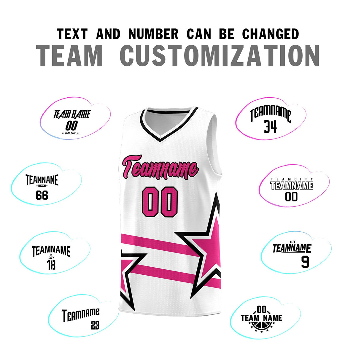 Custom White Basketball Kits With Rose Red Star Pattern And Double Lines