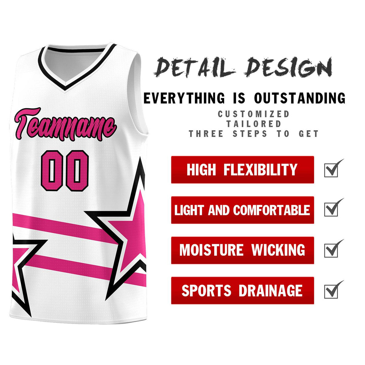 Custom White Basketball Kits With Rose Red Star Pattern And Double Lines