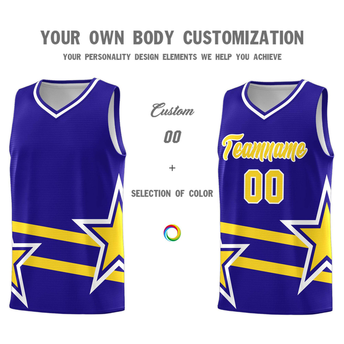 Custom Royal Basketball Kits With Gold Star Pattern And Double Lines