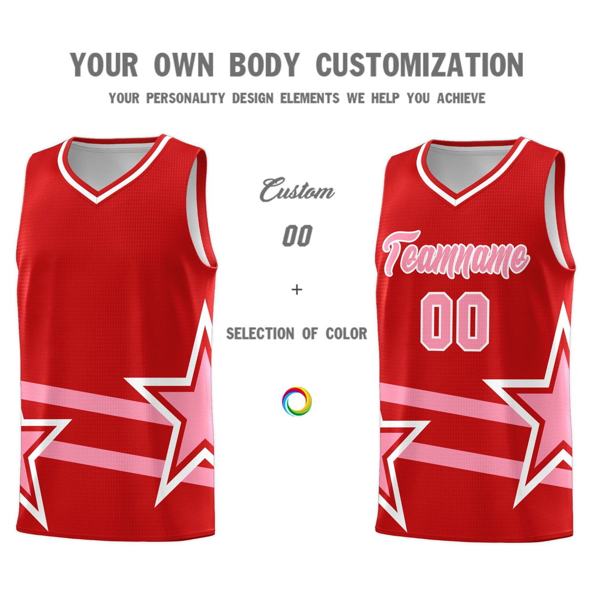 Custom Red Basketball Kits With Light Pink Star Pattern And Double Lines