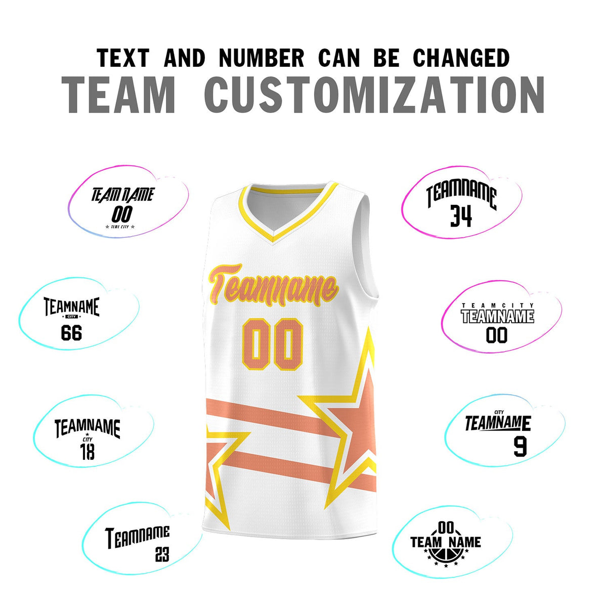 Custom White Basketball Kits With Light Orange Star Pattern And Double Lines
