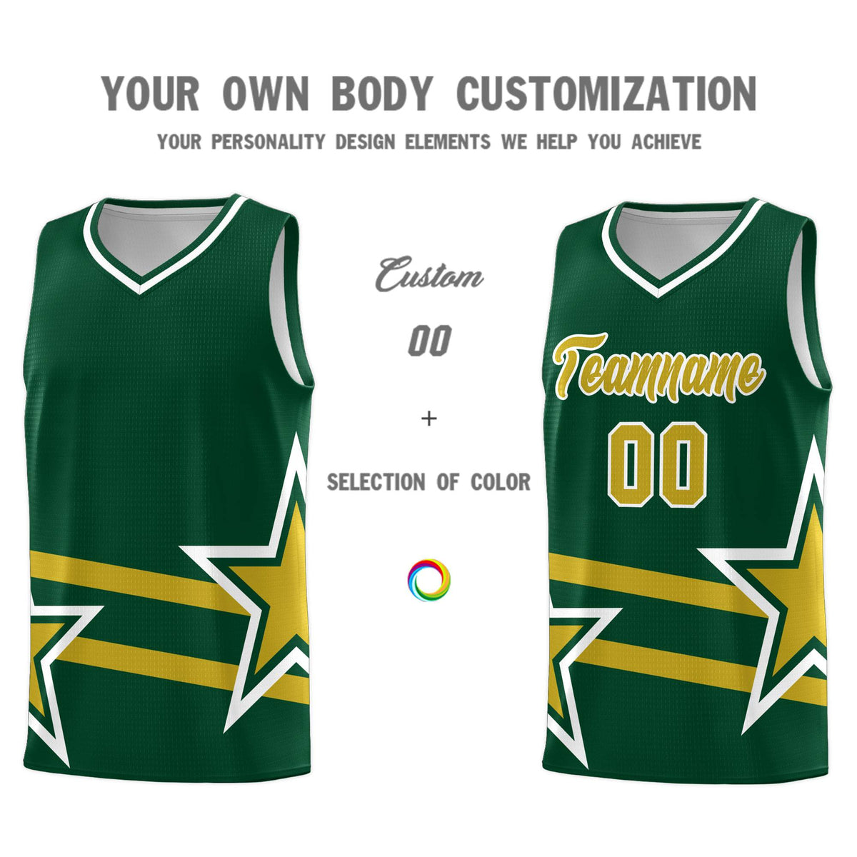 Custom Green Basketball Kits With Old Gold Star Pattern And Double Lines
