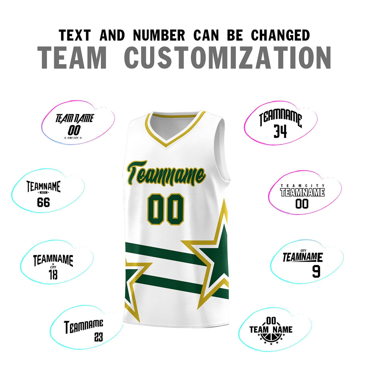 Custom White Basketball Kits With Green Star Pattern And Double Lines
