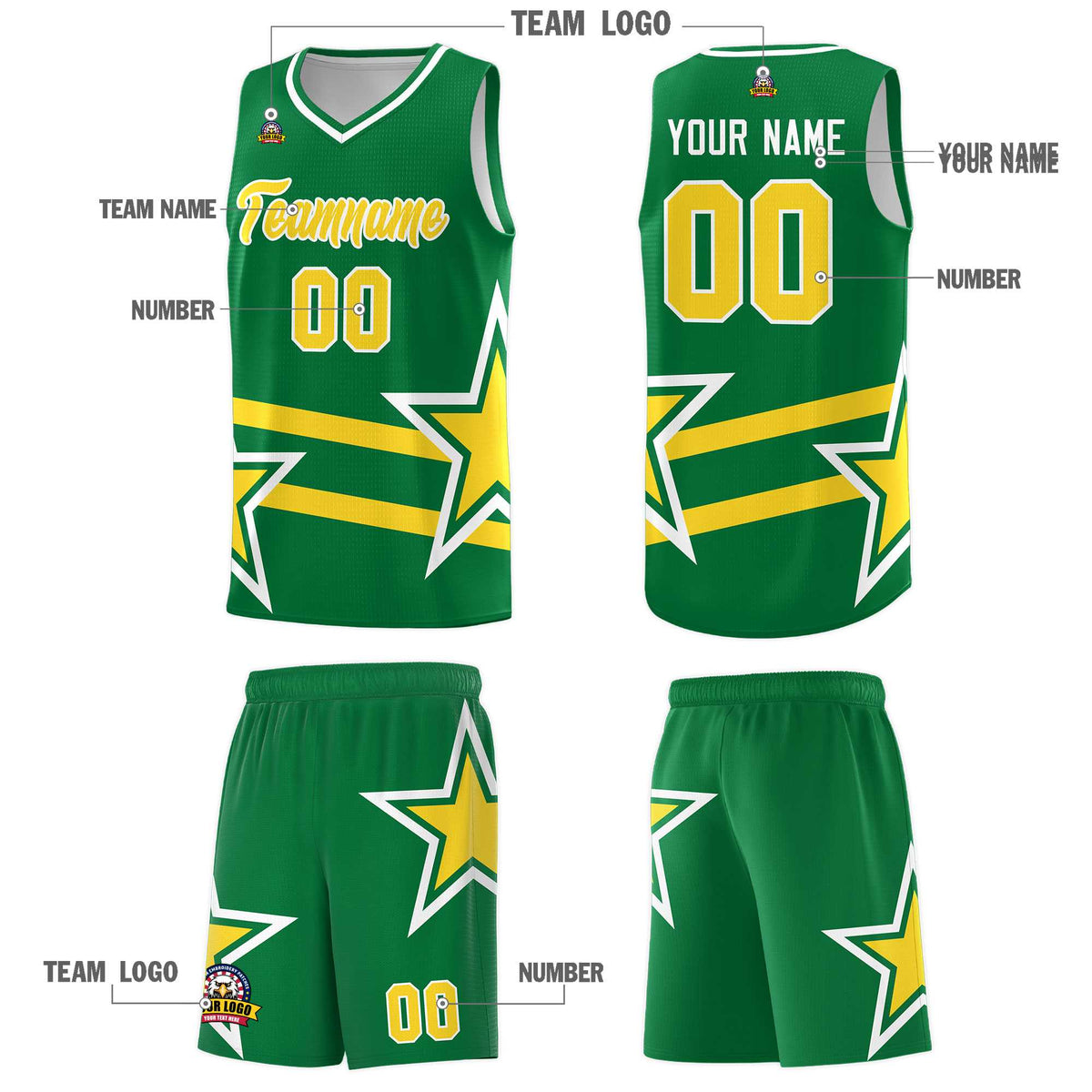 Custom Kelly Green Basketball Kits With Gold Star Pattern And Double Lines