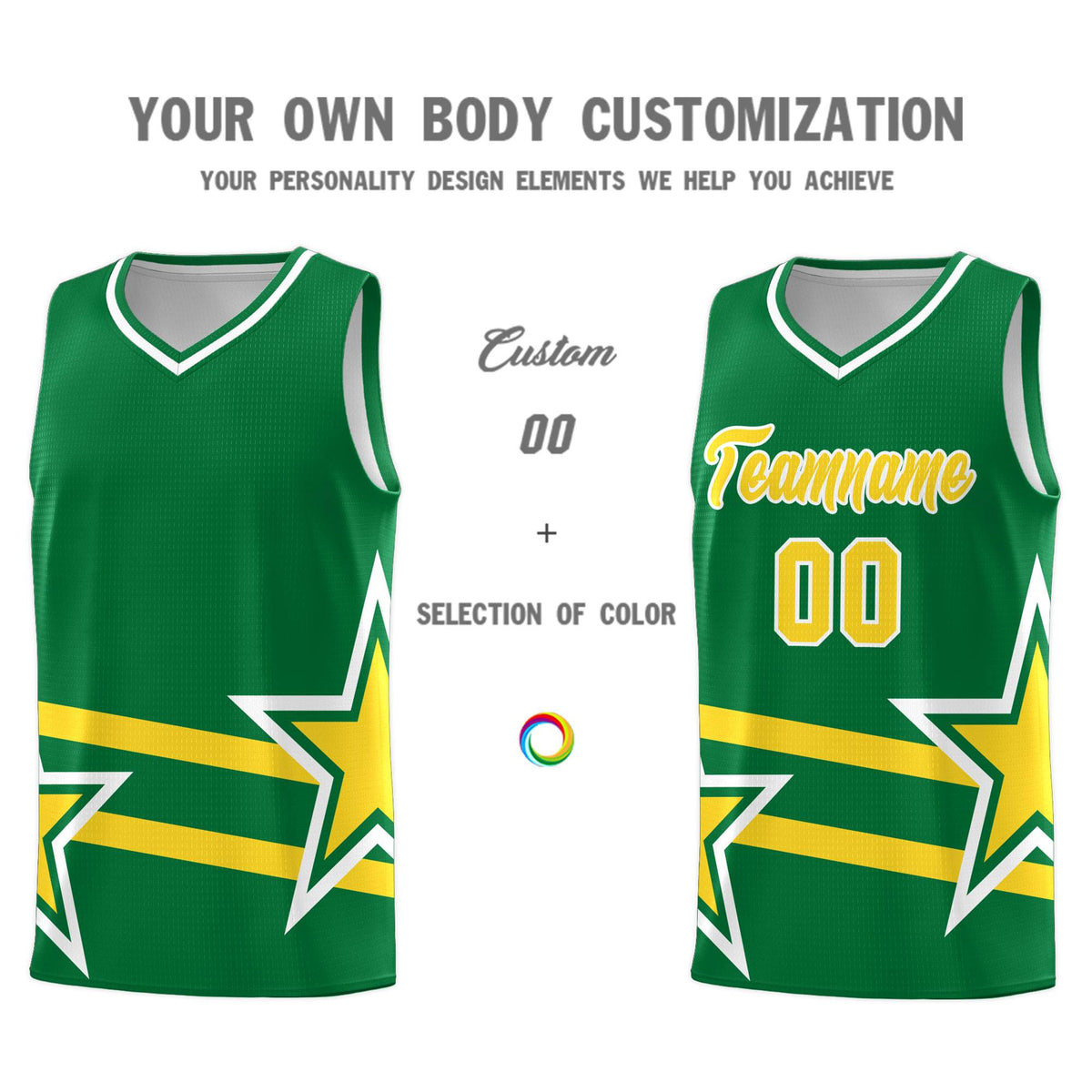 Custom Kelly Green Basketball Kits With Gold Star Pattern And Double Lines