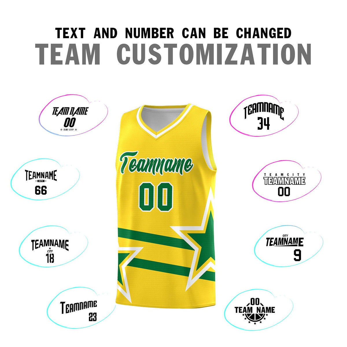 Custom Gold Basketball Kits With Kelly Green Star Pattern And Double Lines