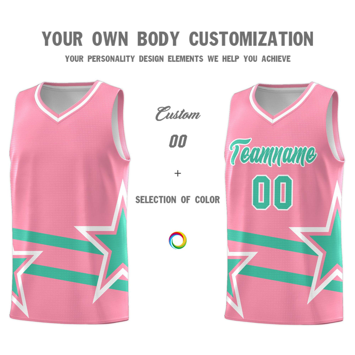 Custom Light Pink Basketball Kits With Bright Green Star Pattern And Double Lines