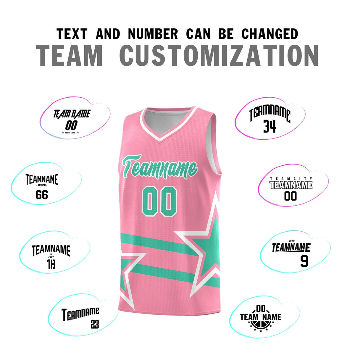 Custom Light Pink Basketball Kits With Bright Green Star Pattern And Double Lines