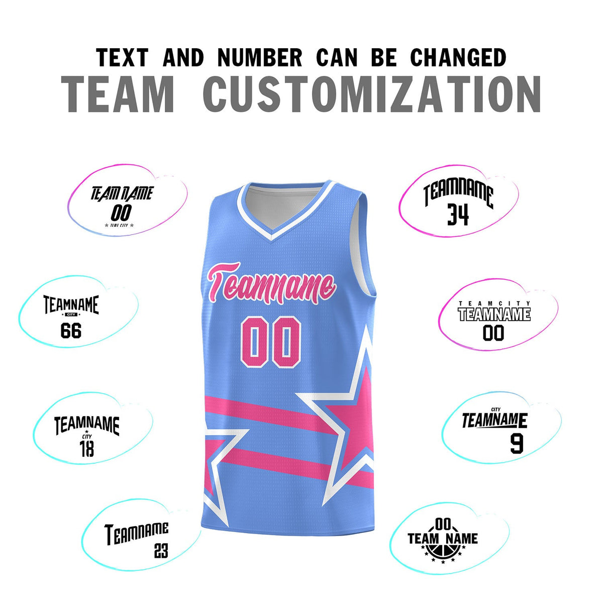 Custom Light Blue Basketball Kits With Pink Star Pattern And Double Lines