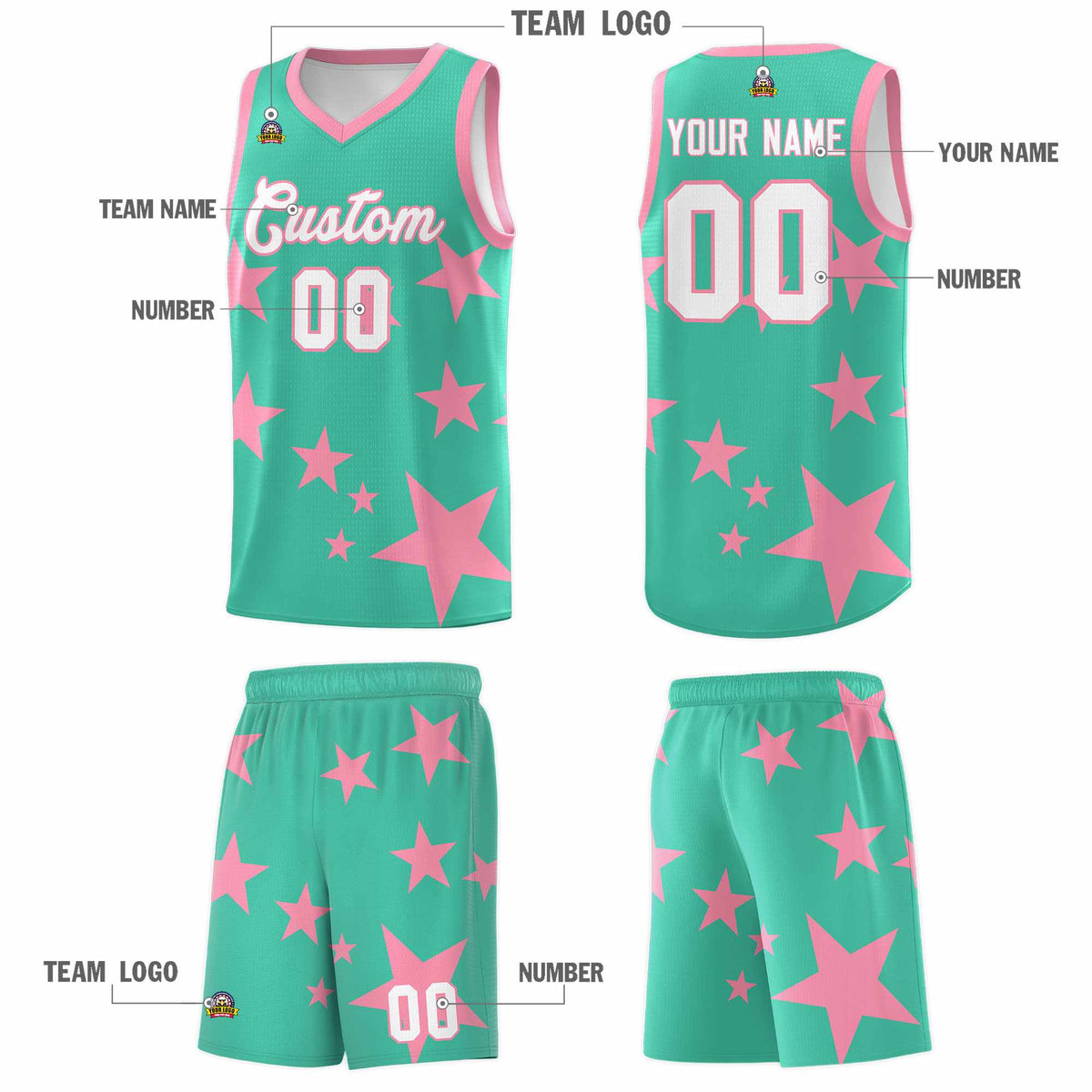 Custom Bright Green Light Pink Graffiti Pattern Star Print Basketball Jersey Kits|KXKSHOP