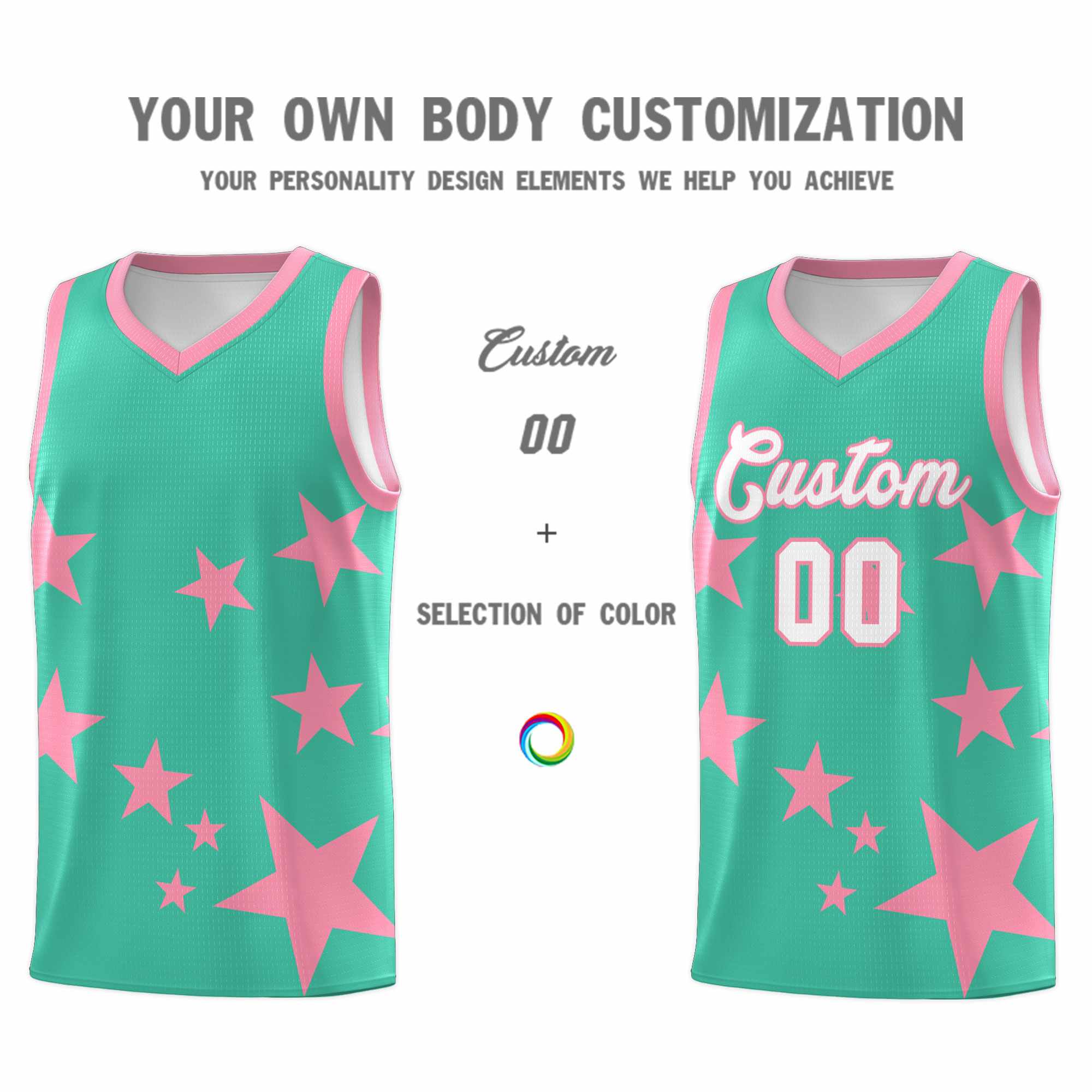 Custom Bright Green Light Pink Graffiti Pattern Star Print Basketball Jersey Kits|KXKSHOP