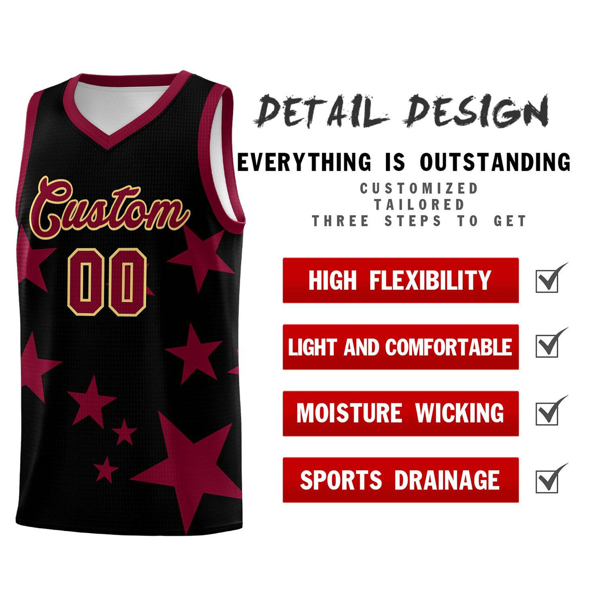 Custom Black Crimson Graffiti Pattern Star Print Basketball Jersey Kits|KXKSHOP