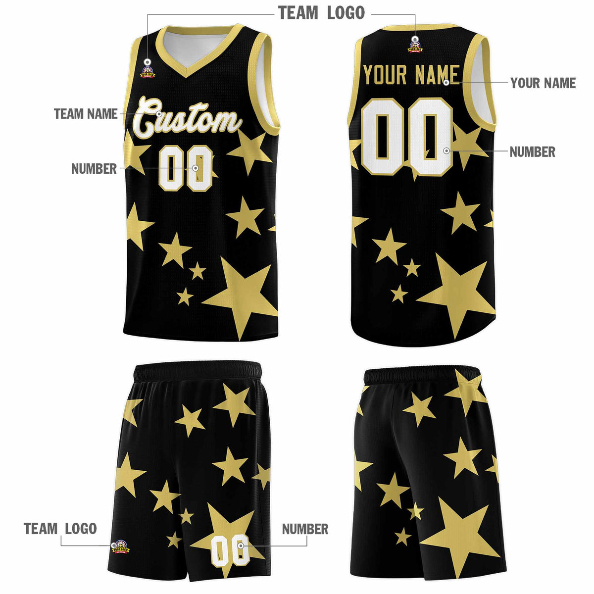 Custom Black Old Gold Graffiti Pattern Star Print Basketball Jersey Kits|KXKSHOP