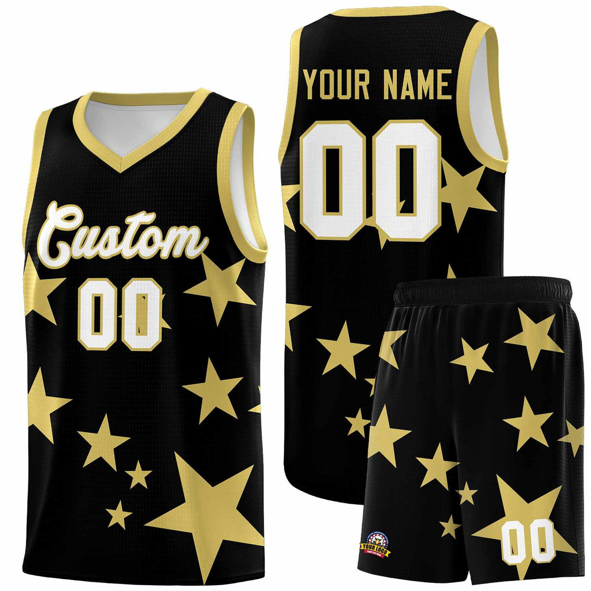 Custom Black Old Gold Graffiti Pattern Star Print Basketball Jersey Kits|KXKSHOP