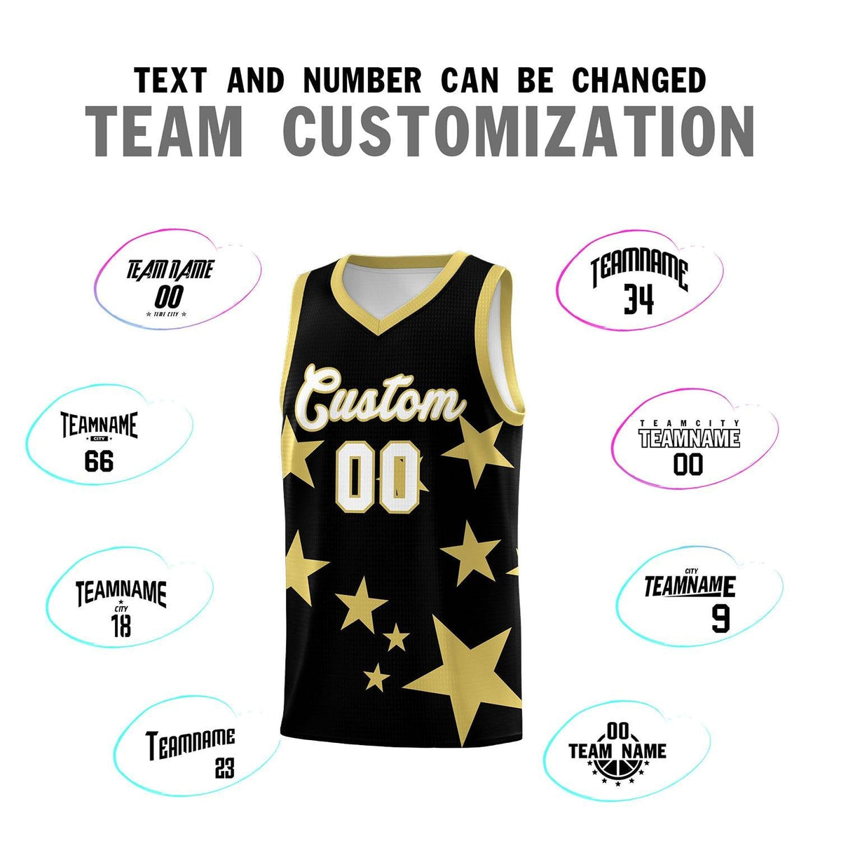 Custom Black Old Gold Graffiti Pattern Star Print Basketball Jersey Kits|KXKSHOP