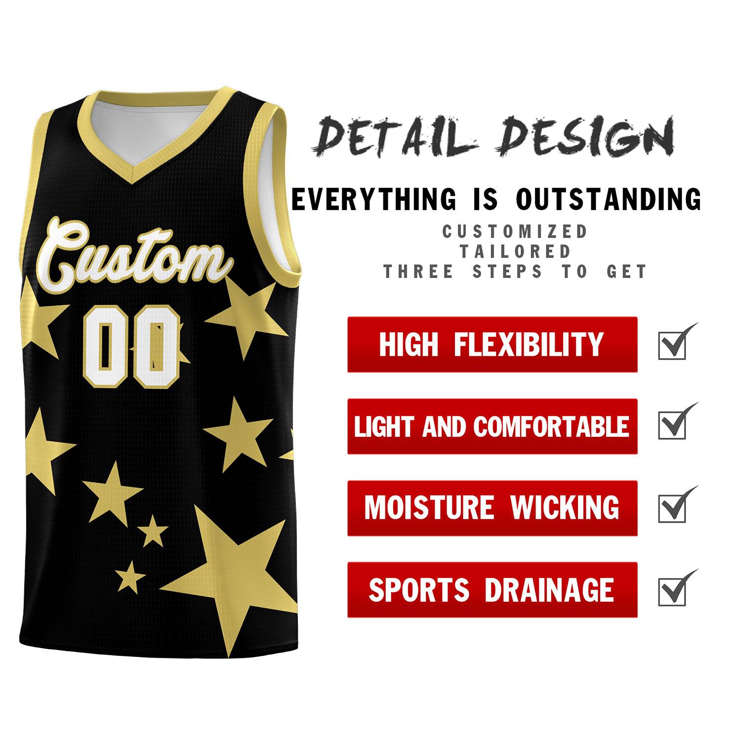 Custom Black Old Gold Graffiti Pattern Star Print Basketball Jersey Kits|KXKSHOP