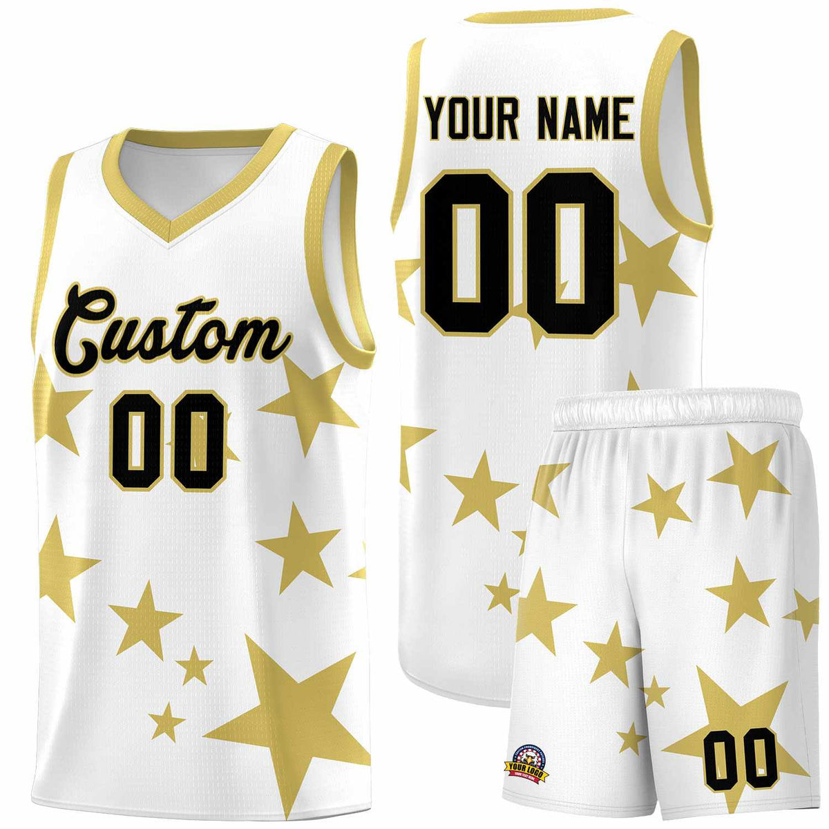 Custom White Old Gold Graffiti Pattern Star Print Basketball Jersey Kits|KXKSHOP