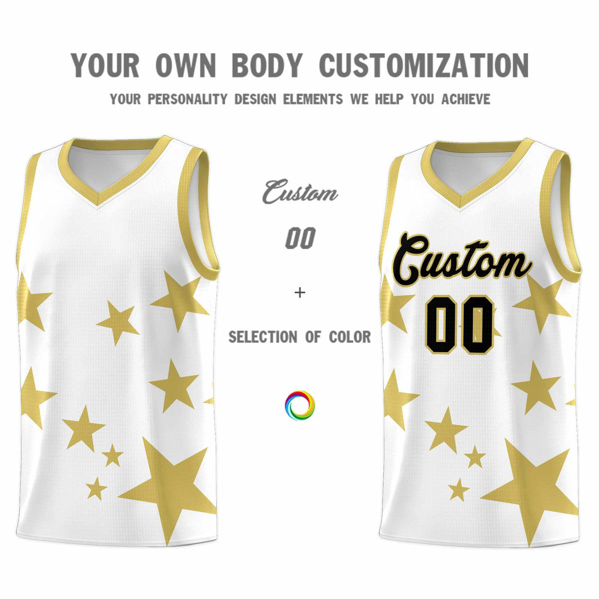 Custom White Old Gold Graffiti Pattern Star Print Basketball Jersey Kits|KXKSHOP
