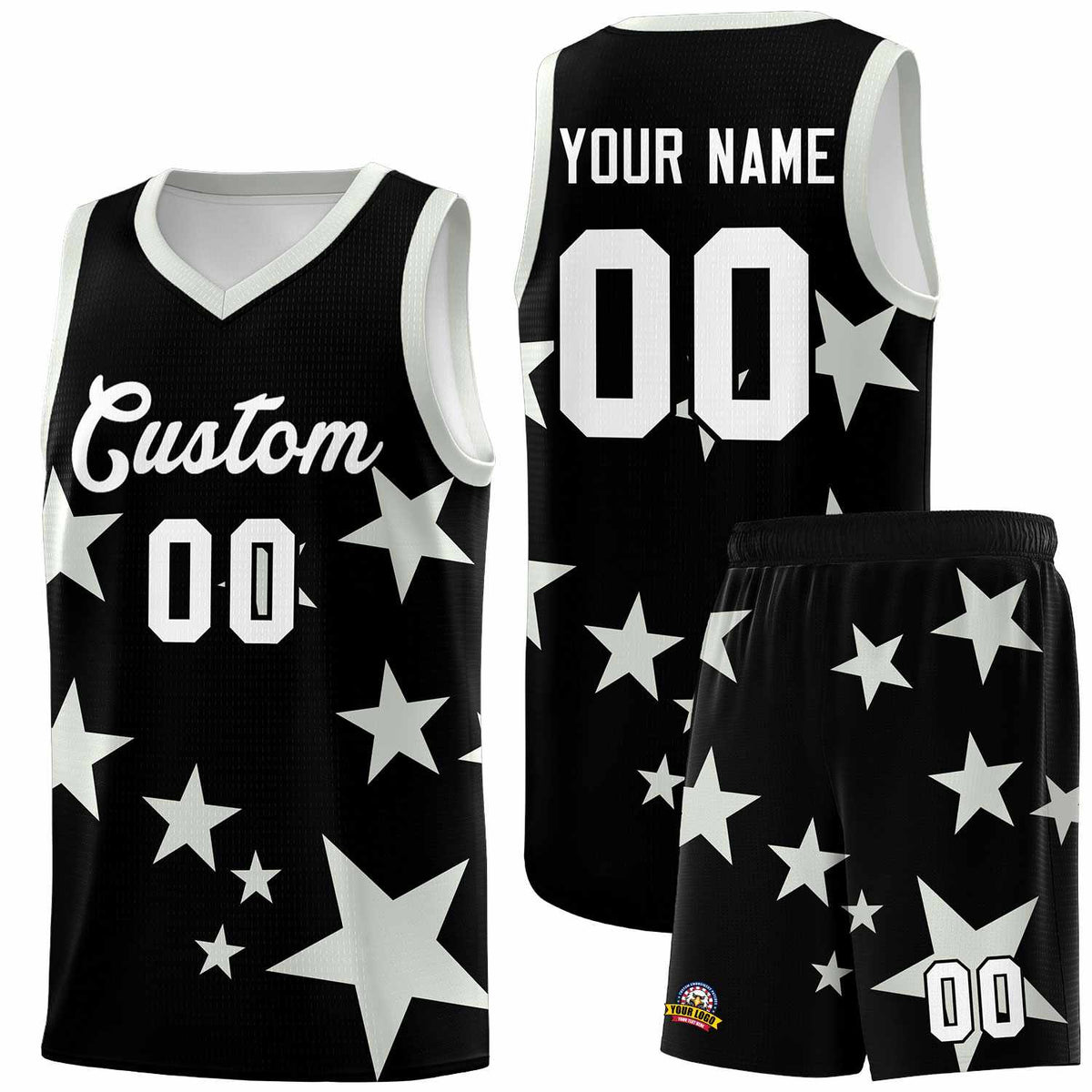 Custom Black Gray Graffiti Pattern Star Print Basketball Jersey Kits|KXKSHOP
