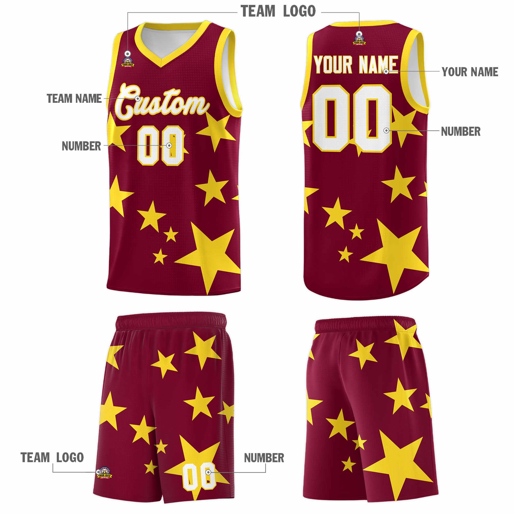 Custom Crimson Gold Graffiti Pattern Star Print Basketball Jersey Kits|KXKSHOP
