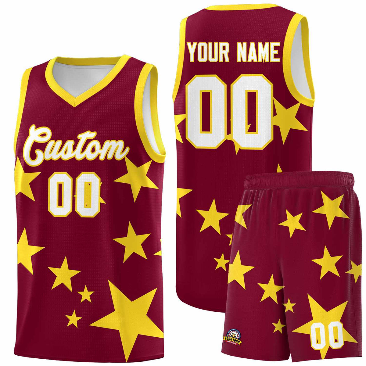 Custom Crimson Gold Graffiti Pattern Star Print Basketball Jersey Kits|KXKSHOP