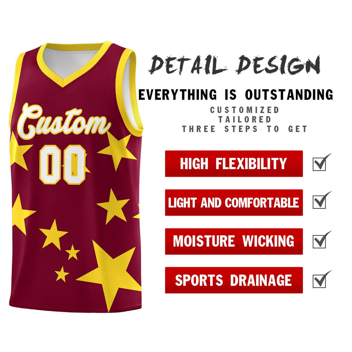 Custom Crimson Gold Graffiti Pattern Star Print Basketball Jersey Kits|KXKSHOP
