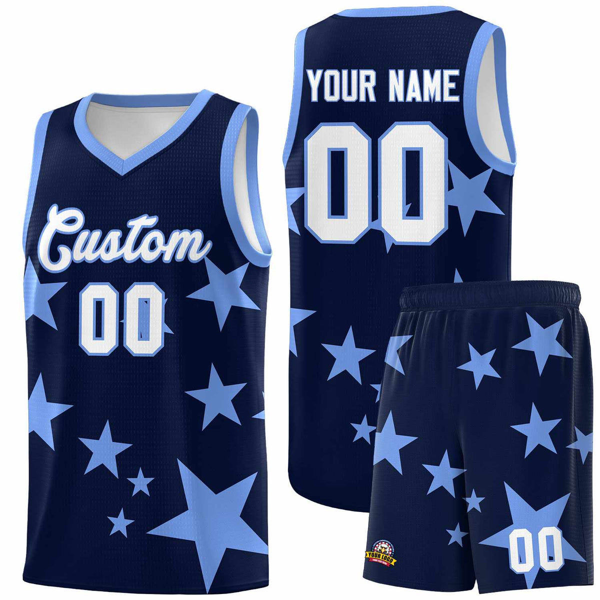 Custom Navy Light Blue Graffiti Pattern Star Print Basketball Jersey Kits|KXKSHOP