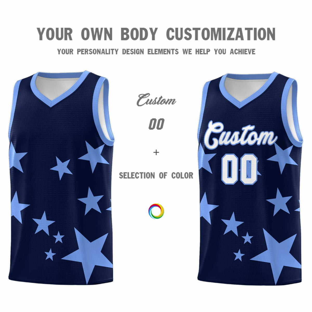 Custom Navy Light Blue Graffiti Pattern Star Print Basketball Jersey Kits|KXKSHOP